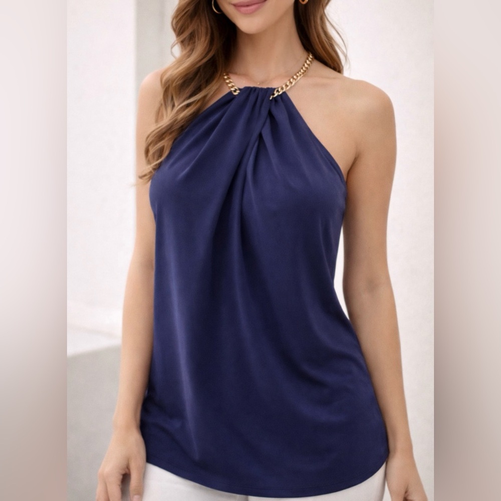 Michael Kors Navy Satin Top with Gold Chain Strap